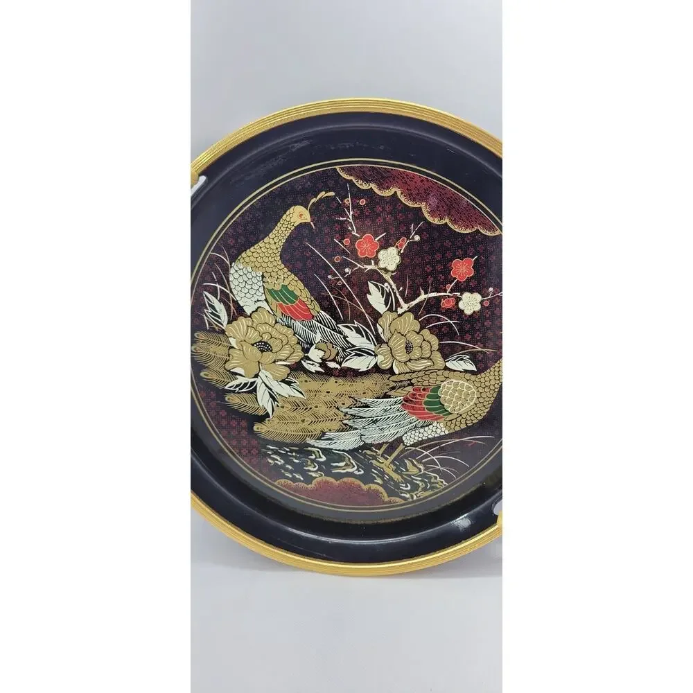 Vintage Asian Serving Tray Round Black Gold Pheasant Floral Design 12” Decorativ